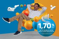 Un homme assis sur des bulles indiquant 1,70% nets sur le fonds en euros MIF