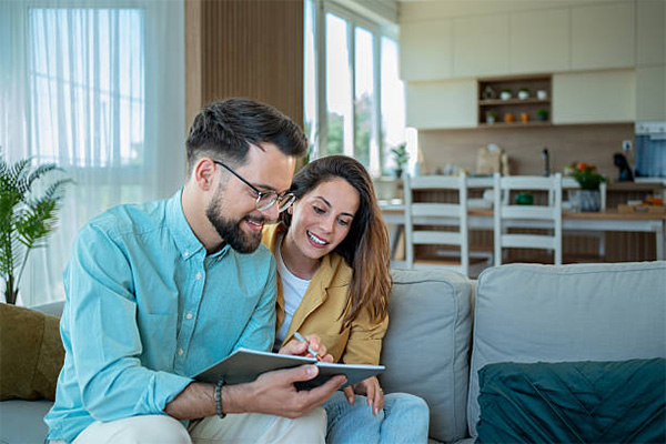 Un jeune couple, confortablement installé sur un canapé dans leur salon lumineux, sourit et discute de leurs projets d'avenir tout en prenant des notes et en partageant leurs idées.